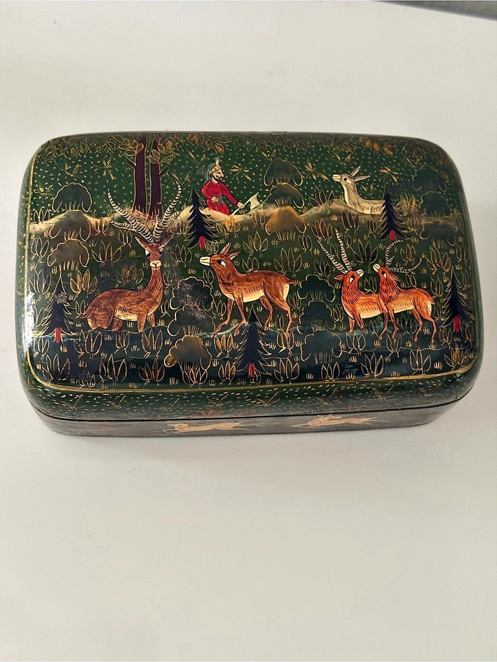 Vintage Kashmir India Papier Mache Hand-Painted Trinket Box